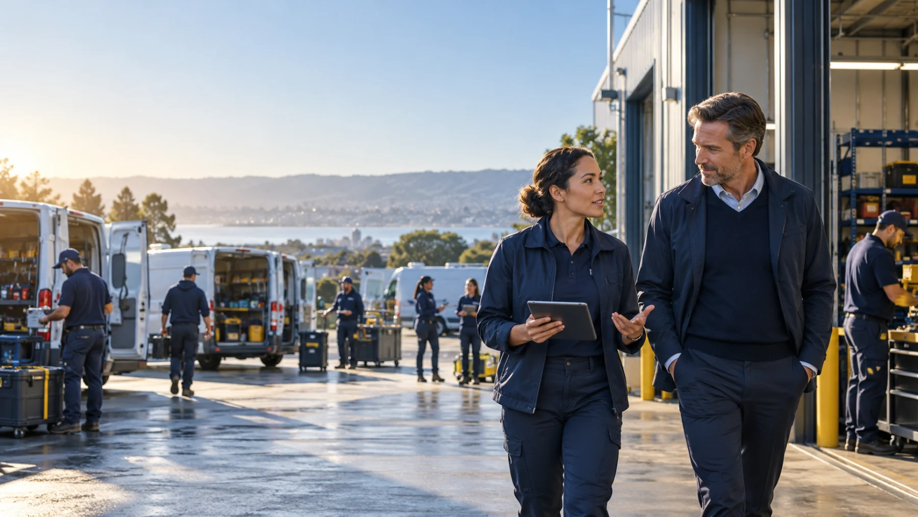 Founder and operating partner walking through a field services business